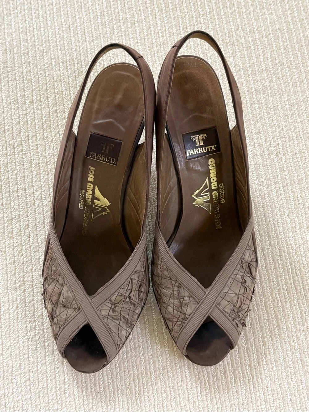 Farrutx Taupe Brown Slingback Peep-Toe Textured Heels